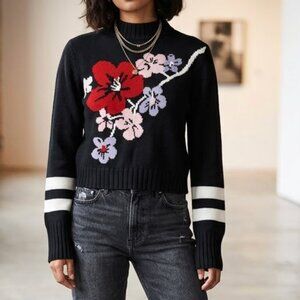 H&M Divided Black Floral Sweater S Mock Neck Flower Graphic Knit Top